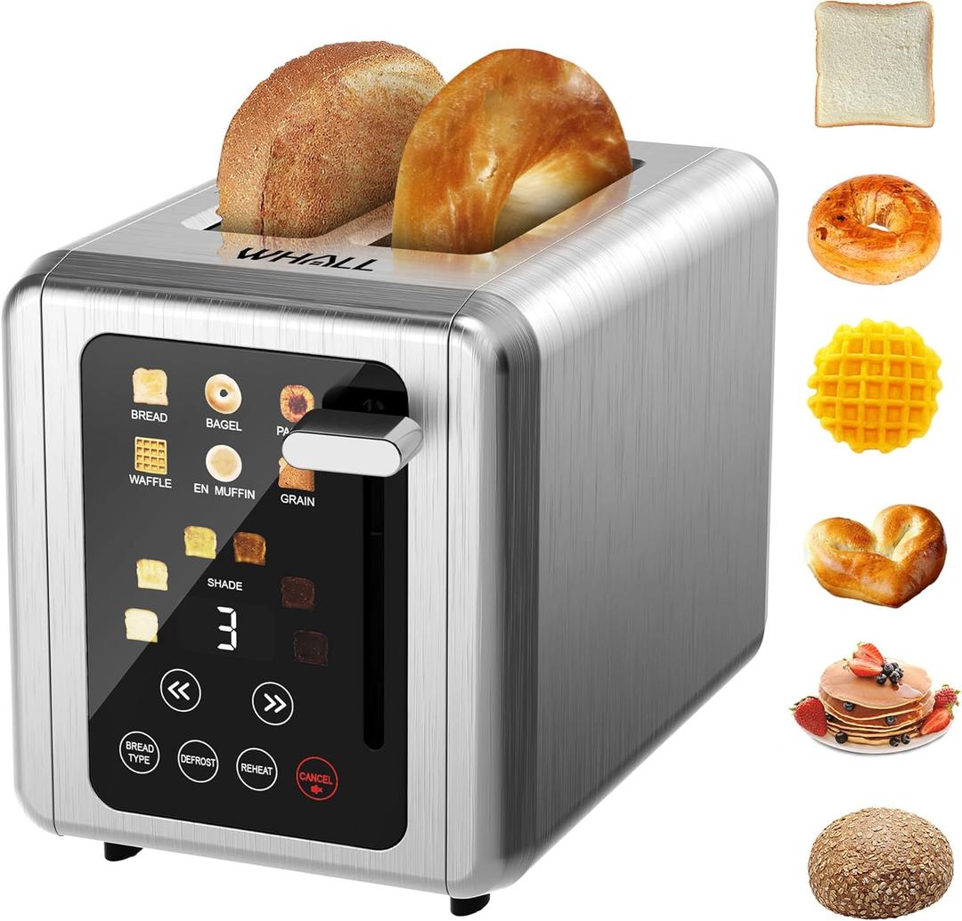 WHALL Touch Screen Toaster 2 Slice, Stainless Steel Digital Timer Toasters with Sound Function, Smart Extra Wide Slots Toaster with Bagel, Cancel, Defrost (silver)