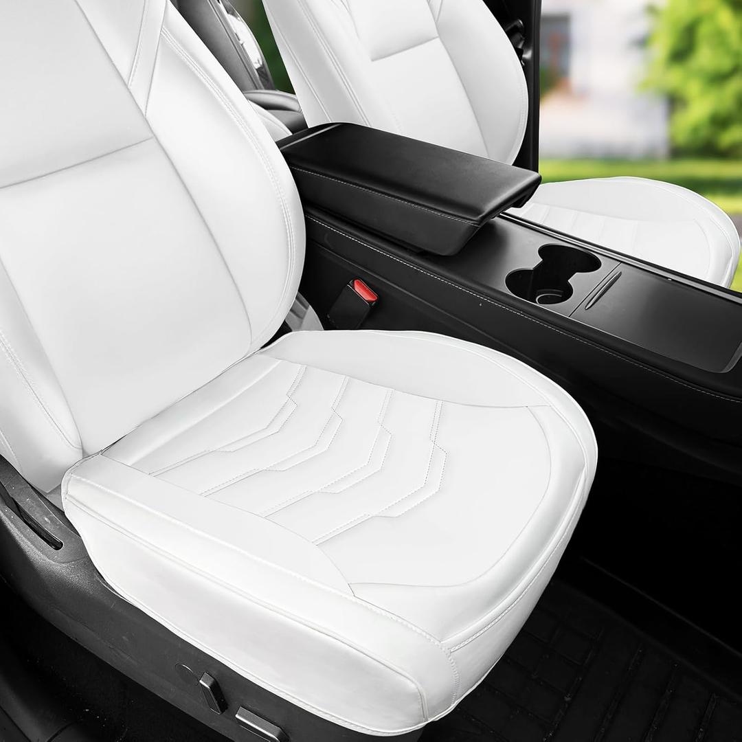 2PCS Car Seat Cover Nappa Leather Front for Tesla Model Y&3 2020-2024 Car Seat Bottom Protector, Original White Color Heavy Duty Seat Cushion Protector Without Backrest (White)