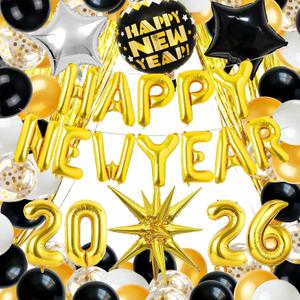 Happy New Years Eve Party Decorations 2026 - Happy New Year Balloon Letters Decorations Set with Gold Star, Number 2026, Fringe Curtains & Confetti Balloons for NYE Party Backdrop
