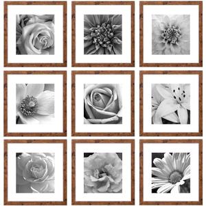 eletecpro 12x12 Picture Frames Set of 9 Classic Gallery Wall Frame Set Displays 8x8 Photo with Mat or 12x12 without Mat, Square Frames Farmhouse Wall Decor Rustic Brown Home Decor for Hanging