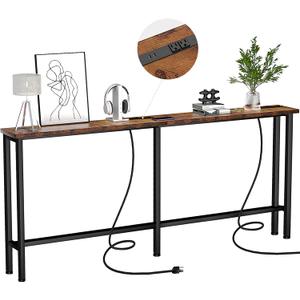 78" Narrow Console Sofa Table - 2 Power Outlets & 4 USB Ports, Metal Frame, Rustic Brown, Perfect for Hallway, Office, and Behind Sofa - Easy Assembly, 4.9' Extension Cord Included