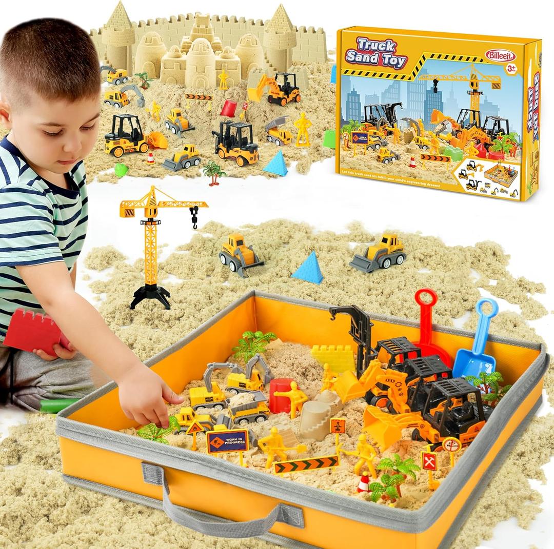 Billeeit Sand Construction Kit with Big Foldable Sandbox and 2.2lbs Moldable Sensory Play Sand, Truck Toys Including Castle Molds and Other Accessories  36Psc Set Gifts for Kids 3+