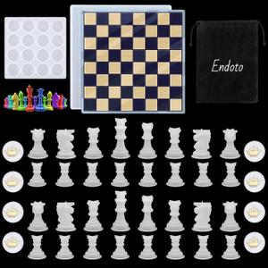 Endoto Chess Set with Checkers Board Silicone Resin Mold, 32 Pieces Full Size 3D Chess Crystal Epoxy Casting Molds for DIY Art Crafts Making, Family Party Board Games and Home Decoration