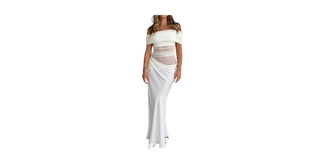 Women Y2k Maxi Dress Off Shoulder Ruched Sheer Mesh Long Dress Cut Out Skirt M