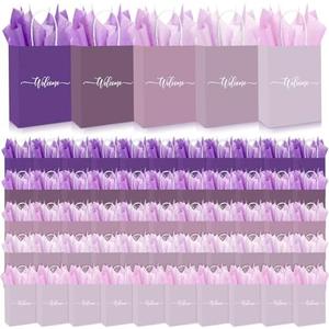 Kolldenn 50 Set Gradient Purple Welcome Gift Bag Bulk 8.27 x 5.91 x 3.15 Inch Wedding Party Gift Bag with Tissues Paper 5 Colors Welcome Handbag for Engagement Party Favor Hotel Guest