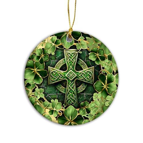Saint Patrick's Day Ornament | Elegant Irish Celtic Cross Green and Gold, Religious & Spiritual Home Decor, Shamrock (Gold Leaf) Pack of 3