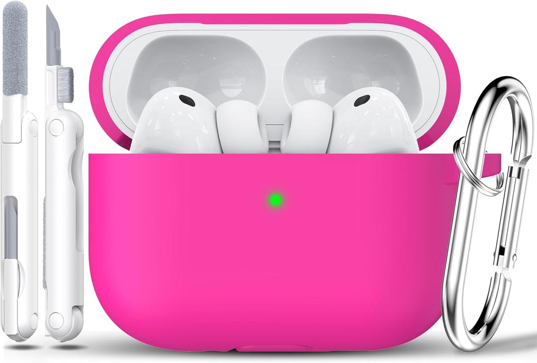 2 x RFUNGUANGO for AirPods Pro 3 Case 2025 with Cleaner Kit and Keychain, Soft Silicone Protective Cover for Apple AirPods Pro 3rd Generation Case, Support Wireless Charging, Rose Red