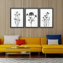 TQianJiang Flower Plant Wall Decor 16"x11" Black And White Botanical Painting Wood Framed Set of 3 Bedroom Office Abstract Wildflower Sign Hanging Art (Black)