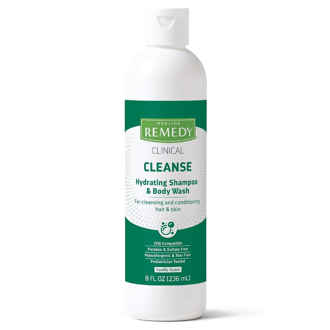Medline Remedy Clinical Hydrating Shampoo & Body Wash (8 fl oz), 12 Count, Vanilla Scent, Cleanser, No-Rinse, Adults, Kids, Shower Or Bedside, Dimethicone, Sulfate Free