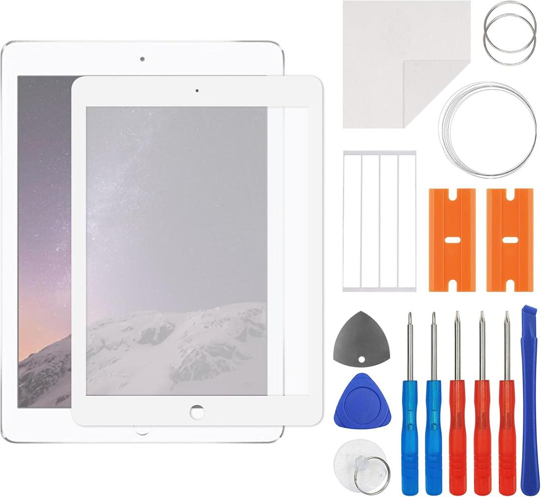 New White Front Screen Glass Outer Panel Lens Replacement Compatible with iPad air 2 with OCA Upgraded Repair Kit- No LCD Screen and Touch Digitizer