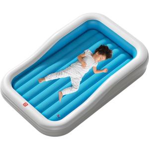 QPAU Inflatable Toddler Travel Bed with 3-Sided Safety Bumpers, Extra Large Kids Air Mattress, Includes Detachable Mattress, Portable for Camping, Travel, Home Use (Blue)