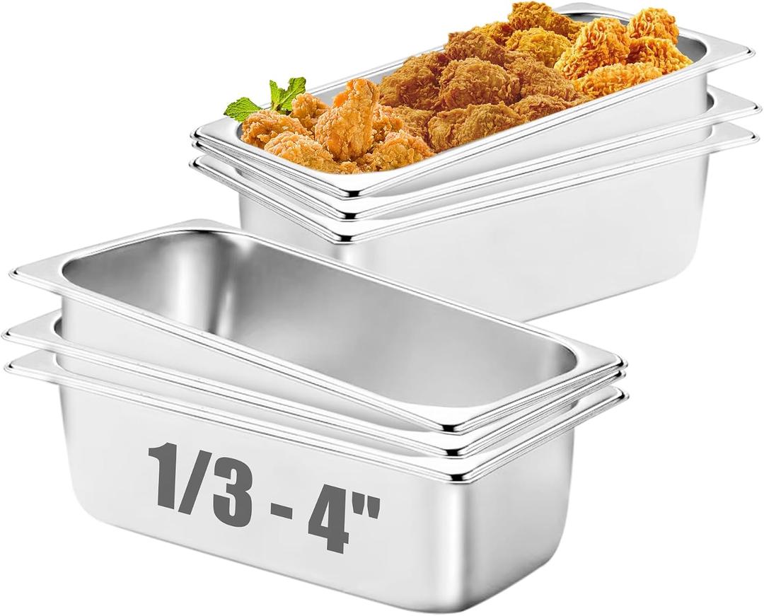 SILUI 6 Pack Food Pan, 1/3 Size 4 Inch Deep Stainless Steel Commercial Hotel Pans, Cafeteria Trays Supplies Catering Storage Containers