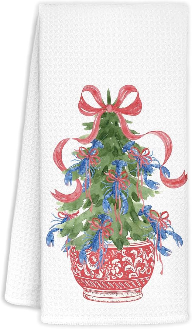 Christmas Chinoiserie Kitchen Towels Decor,Red Bow Christmas Tree Towels Gifts,Blue Lobster Christmas Hand Towels for Bathroom Kitchen,Grandmillennial Decor,16x24 Inches