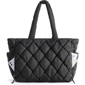 BAGSMART Tote Bag for Women, Quilted Puffer Tote Bag with Compartments, Shoulder Handbag Work Bag with Zipper for Travel (Black)