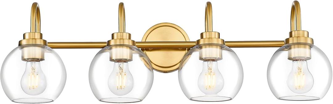 Bathroom Light Fixtures, 4-Light Brushed Gold Vanity Lights with Globe Clear Glass, 30 Inch Champagne Bronze Vanity Lighting Fixtures Over Mirror, AD-22280-4W-GD