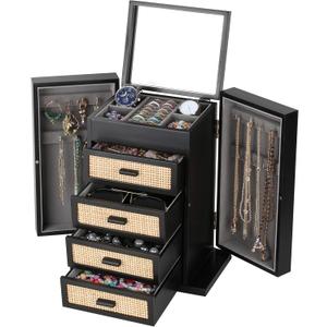 Jewelry Organizer, Rattan Jewelry Box, 5 Layer Wooden Jewelry Organizer Box with Mirror, Jewelry Boxes with 4 Drawers for Women Men, Black Jewelry Storage for Rings Earrings Necklaces Bracelets Watch