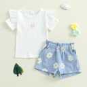 Toddler Baby Girl 2Pcs Knit Ribbed Ruffle Short Sleeve Floral Print Tops + Shorts Set Outfits (White)
