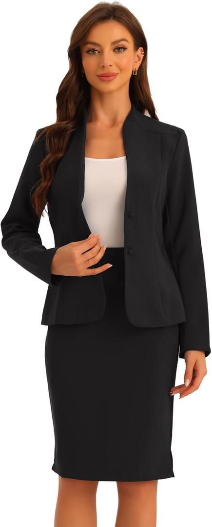 Allegra K Suits 2 Piece Skirt Set for Women's Business Office Outfits Collarless Blazer Pencil Skirts Suit Sets (3X-Large, Black)