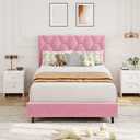 Garvee Twin Platform Bed Frame with Velvet Upholstered Headboard, Wooden Slats Support, Pink, No Box Spring Needed, Easy Assembly