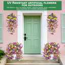 4PCS Artificial Hanging Flowers for Outdoors Summer Decoration, Fake Hanging Plants Faux Petunias with Eucalyptus, UV Resistant No Fade Plastic Realistic Silk Flowers for Porch Patio Balcony Indoor