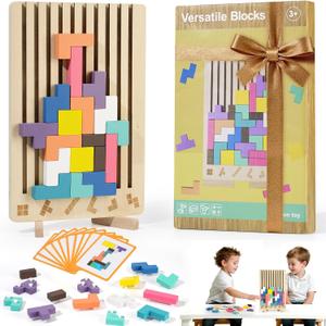 Wooden Stacking Puzzle Toy, Montessori Brain Blocks for Kids, 42Pcs 3D Russian Block Brain Teaser Puzzles & Wooden Puzzles for Toddlers, Educational Family Interactive Board Game, Gift for 3+ (1 Box)