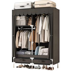 Portable Wardrobe Closet for Bedroom, Small Storage Organizer with 2 Drawers and 2 Hanging Rods, Includes Dust Cover.(Brown, 39.3 in)