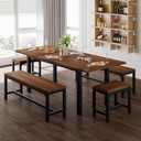 Feonase 5-Piece Dining Table Set for 4-8 People, 63" Extendable Kitchen Table with 2 Benches and 2 Square Stools, Mid-Century Modern Wooden Dining Room Table, Space-Saving, Walnut