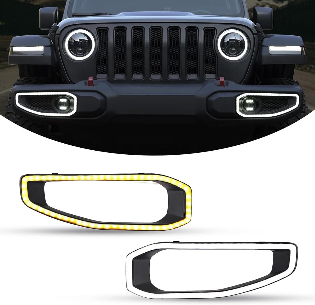 Kiwi Master LED Fog Lights Trim DRL for Jeep Gladiator JT 2018-2026 Jeep Wrangler JL/4xe Accessories Front Bumper Lamps Cover Turn Signal Daytime Running Light, Pair