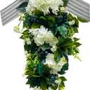 Floral Teardrop Swags All Season Lighted Teardrop Wreath with Timer(Steady and Flashing Modes) Artificial Blueberry White Hydrangea Eucalyptus Leaves and Bow Floral Arrangement for Door Wall Mantel