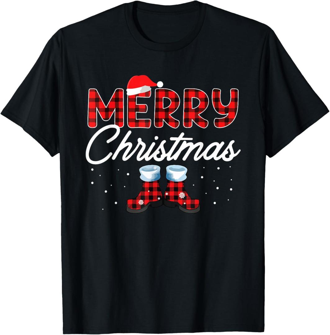 Merry Christmas Buffalo Plaid Santa Hat Pajama T-Shirt, Size XL