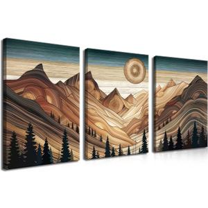 Framed Living Room Wall Art Set of 3 - Abstract Sun Mountain Canvas Paintings Prints, Nature Woodcut Forest Wilderness Wall Decor Art for Bedroom, Hallway, Home Office Decor - 16x24 Inches