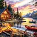 2000 Piece Jigsaw Puzzle for Adults, Lakeside Cabin Sunset with Canoes & Campfire, Mountain Lake Wilderness Landscape Puzzle, Challenging Nature Puzzle for Family Game Nights, 39" x 28"