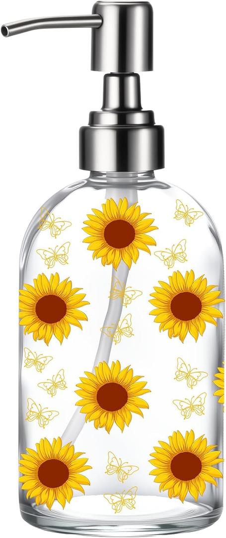 Simple Glass Soap Dispenser with Rust Proof Pump, Kitchen Dish soap Dispenser for Kitchen Shower, Sunflower