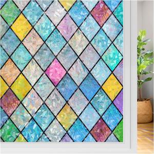 rabbitgoo Stained Glass Window Film Rainbow Film Decorative 3D Privacy Sticker Colorful Lattice Window Decals Cling, Sun Catcher Static Decals for Home 17.5"118.1"