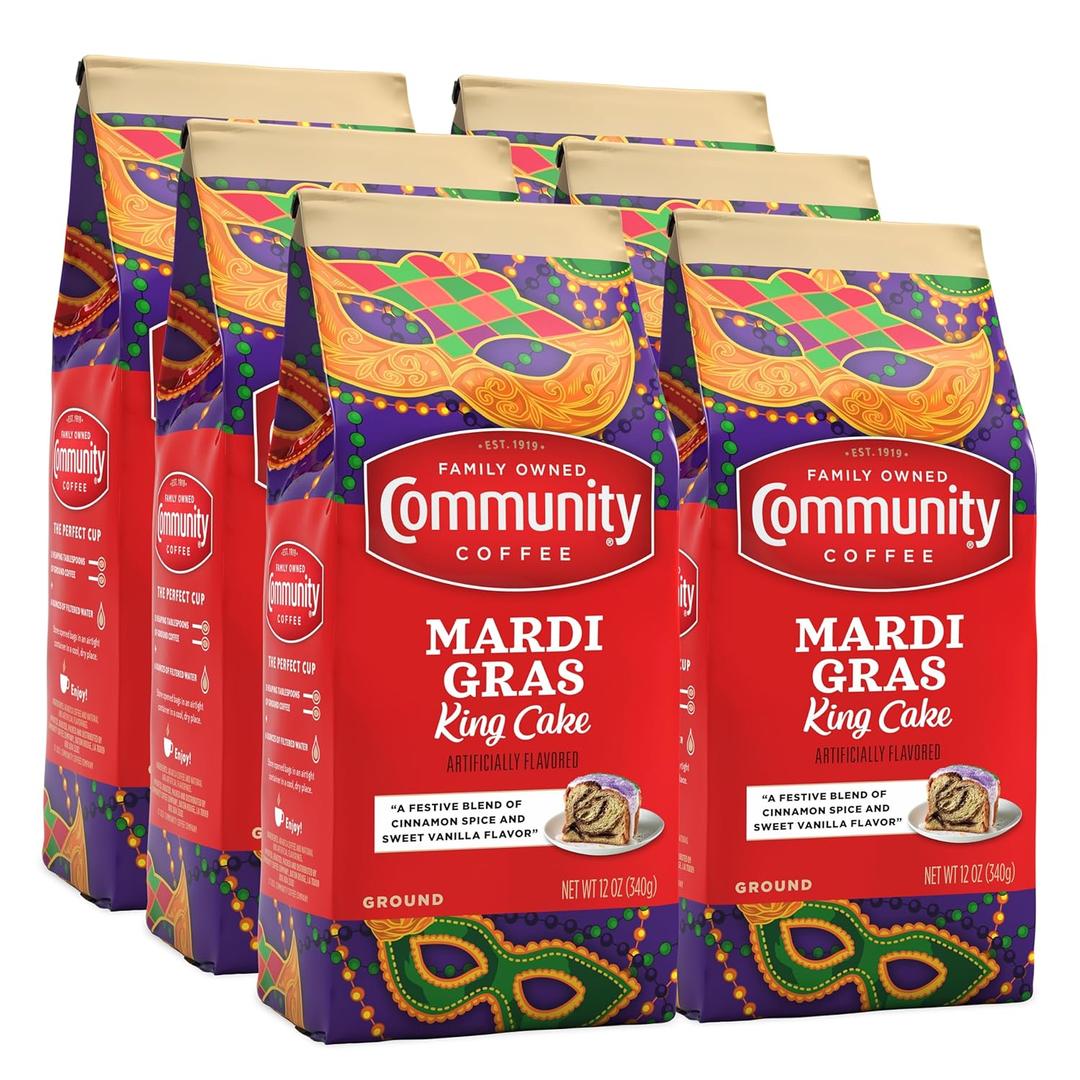 Community Coffee Mardi Gras King Cake Flavored 12 Ounces, Medium Roast Ground Coffee, 12 Ounce Bag (Pack of 6)