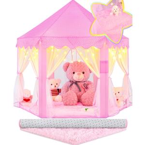 EVOIONOS Princess Tent with Lights and Rug, Play Tent for Girls, Kids Tent Indoor and Mat, Princess Castle Playhouse Tent for Girls, Pink Girls Tent for Toddlers, 55 x 53 inch Toy Tent