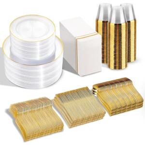 SUT 700Pcs Plastic Dinnerware Set for 100 Guests, Clear and Gold Plastic Plates, Disposable Plates and Napkins Party Supplies, Gold Silverware, Plates, Cups and Napkins Sets for Party Weddings