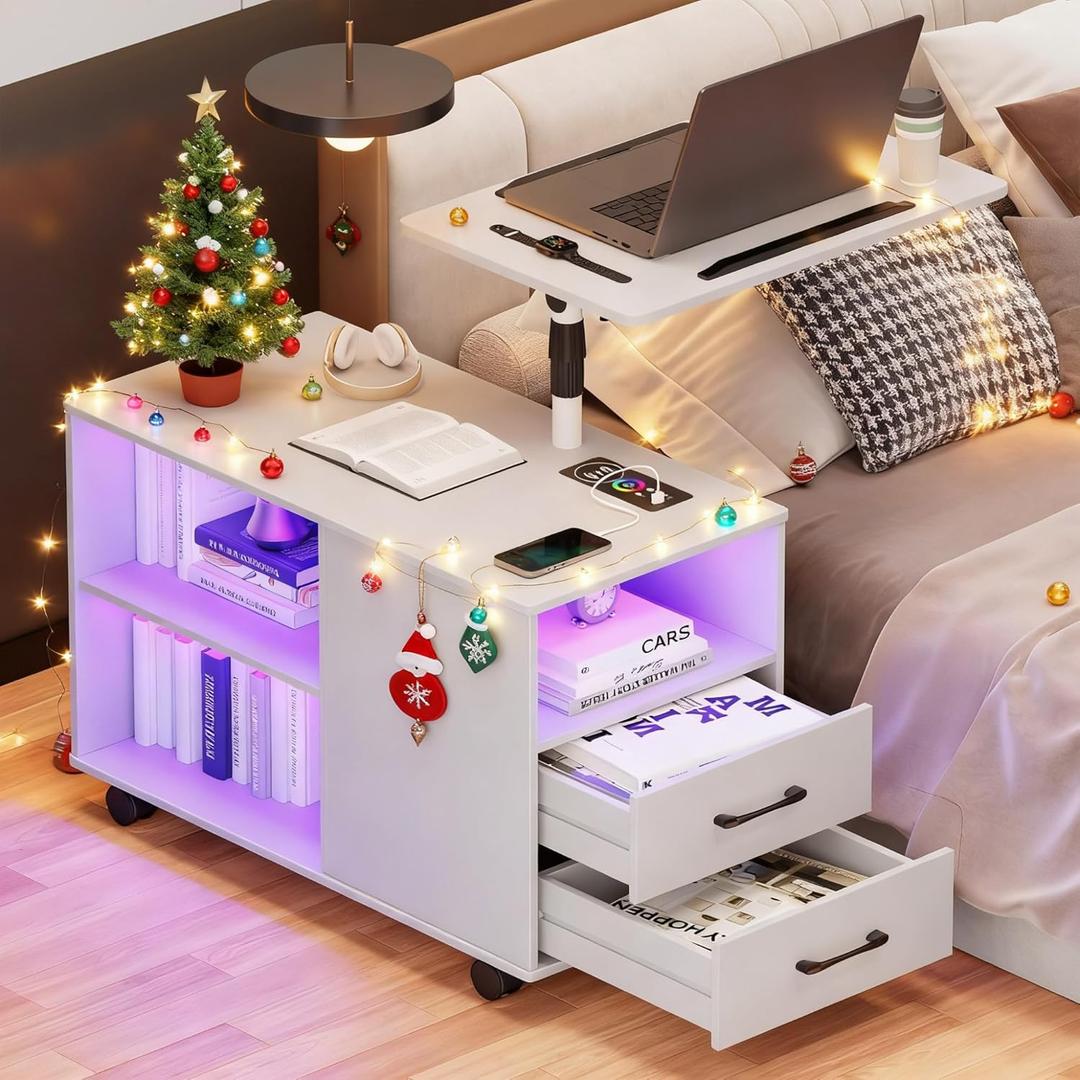 Gurexl 360° LED Nightstand with Wireless Charging Station for Bedroom, Movable Adjustable Bedside Table with Laptop Tray, Auto Sensor End Table with 24 Color Dimmable -White