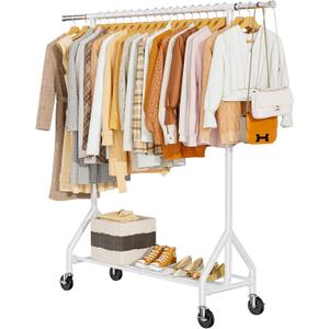 HYSEYY Heavy Duty Clothes Rack Load 450 LBS, Metal Garment Rack, Standing Rolling Clothing Rack for Hanging Clothes with Sturdy Wheels & Shelves, Portable Closet Wardrobe Rack,White