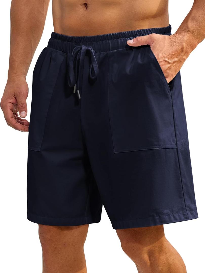 Mens Shorts Casual for Summer Beach Cotton Drawstring Stretch Twill Chino Golf Shorts Elastic Waist with Pockets (Blue, XXL)