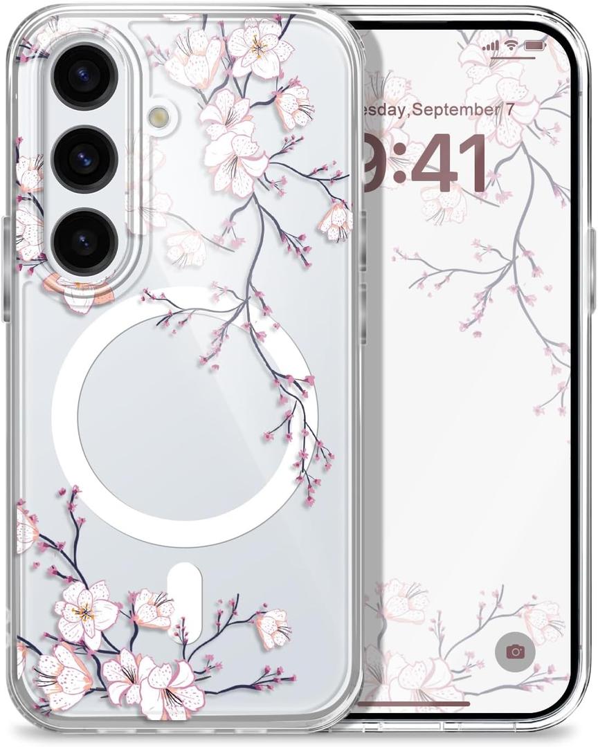 for Samsung Galaxy S25 Plus Magnetic Case, Compatible with MagSafe Clear Anti Shock Fashion Design for Samsung S25 Plus Phone Cover 6.7 inch, Plum Blossom