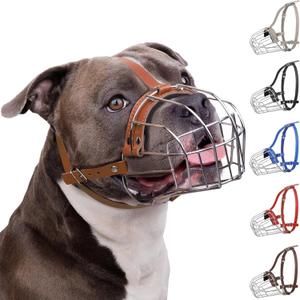 BRONZEDOG Pitbull Dog Muzzle Breathable Metal Basket for Large Dogs Amstaff Staffordshire Terrier Biting Chewing Barking (Leather, Brown)