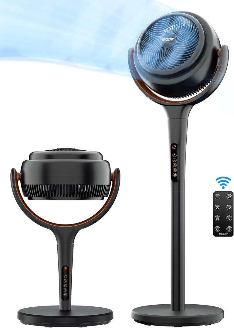 pasapair Pedestal Fan with Light, 12 Speeds Portable Oscillating Fan for Bedroom Adjustable Height, 90+90 Smart Floor Fans with Remote and 3 Modes,12 Timer, Quiet, Black