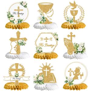 Mi Bautizo Honeycomb Centerpieces, Baptism Party Decor, First Communion Table Decorations, Christening Table Centerpieces, Baby Shower 1st Birthday Party Decorations, 9PCS