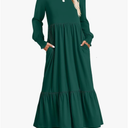 ZESICA Women's 2026 Spring Long Sleeve Dress Crewneck Casual A Line Pleated Tiered Flowy Trendy Midi Dresses with Pockets, Size L