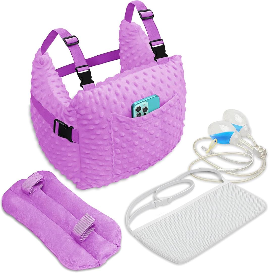 Zomaple Mastectomy Pillow with Strap, Seat Belt Cover & Shower Lanyard - Post Surgery Pillow, Breast for After Heart Surgery, Reduction & Augmentation Patients Sleeping, Recovery Seatbelt Protection (Lavender Dotted Advanced Lanyard Set)