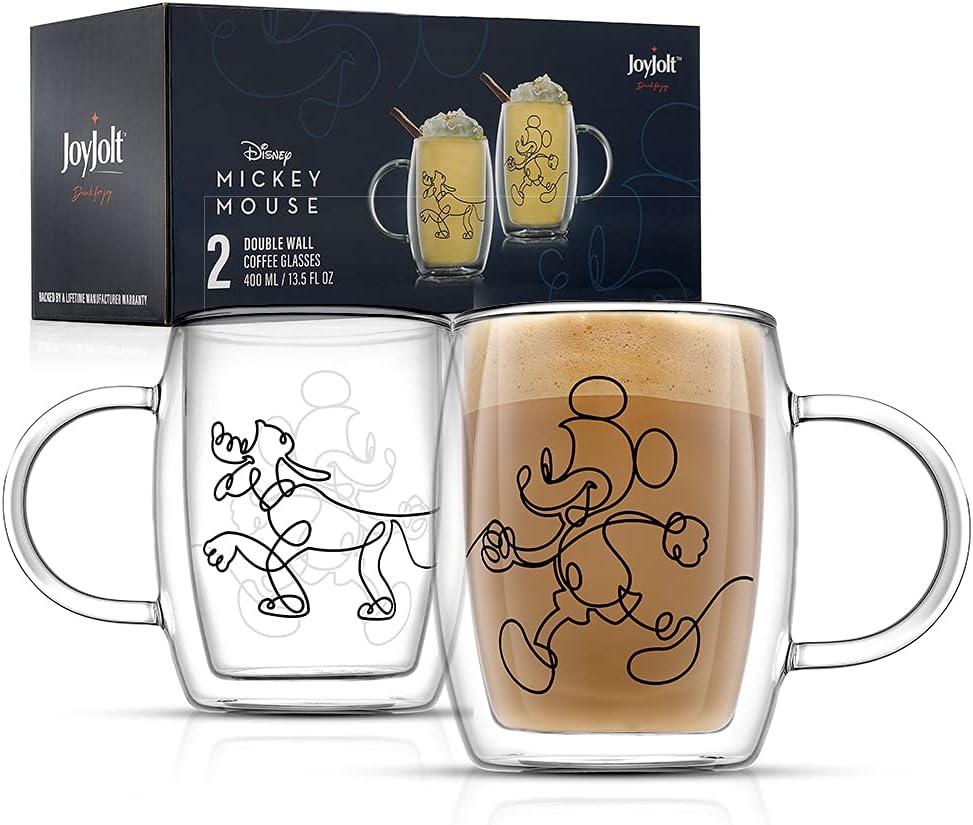 JoyJolt Aroma Disney Mickey and Pluto 13.5oz Glass Coffee Cups Set - 2 Insulated Double Wall Mugs, Large Espresso Cups - Unique Disney Cups