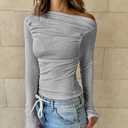 Womens Classy Tops Off Shoulder Long Sleeve T Shirt Ruched Casual Slim Fit Going Out Blouse (Gray)
