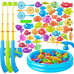 Magnetic Fishing Pool Toys Game for Kids Toddlers 3-5 4-8, Water Table Bathtub Toy with Inflatable Pool Pole Rod Net Plastic Floating Fish, Water Bath Pool Outdoor Toys for Kids Toddlers Baby