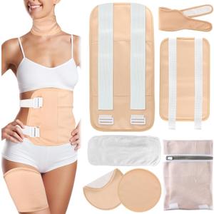 7 Pcs Castor Oil Pack Wrap with Flannel Cloth, Organic Cotton Castor Oil Pack Kit for Knee Wasit Breast and Neck, Castor Oil Compress Pads with Adjustable Elastic Straps (Oil Not Included) (Khaki)